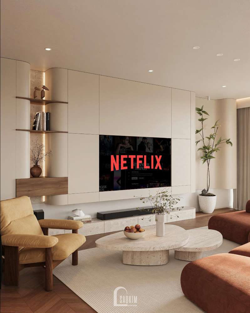 Không gian phòng khách tại thiết kế nhà phố Long Biên mang phong cách Japandi mix Modern Organic

